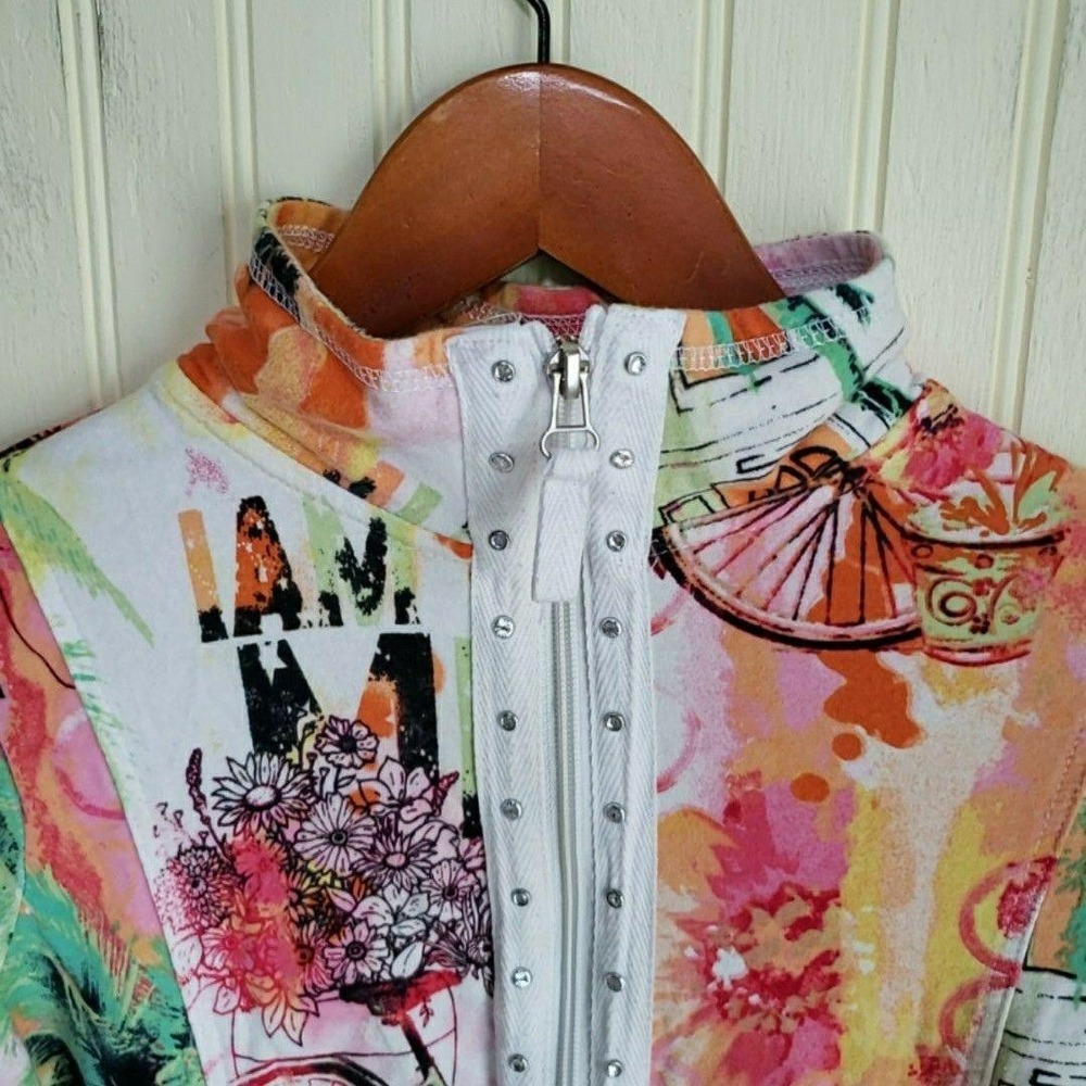 Onque Petite Jacket Womens Petite PS Multicolor Miami Tropical Zip 3/4 Sleeve